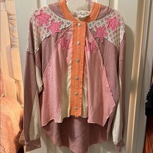 Patchwork Star Lace Snap Button Front Hooded Top or Jacket - Pink & Orange